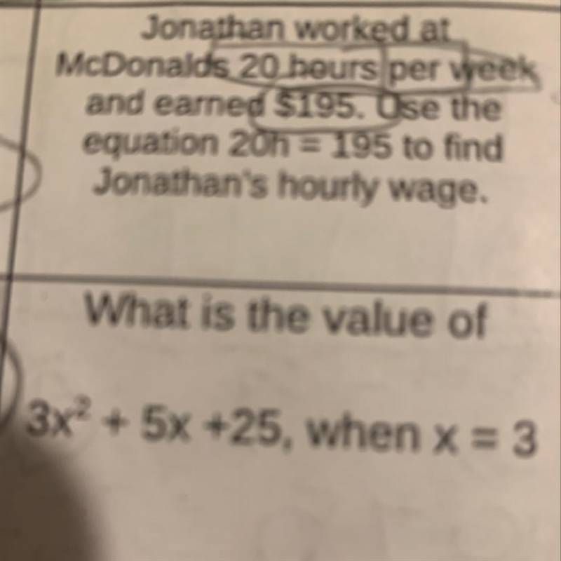 What is the value of 3x2 + 5x +25, when x = 3-example-1