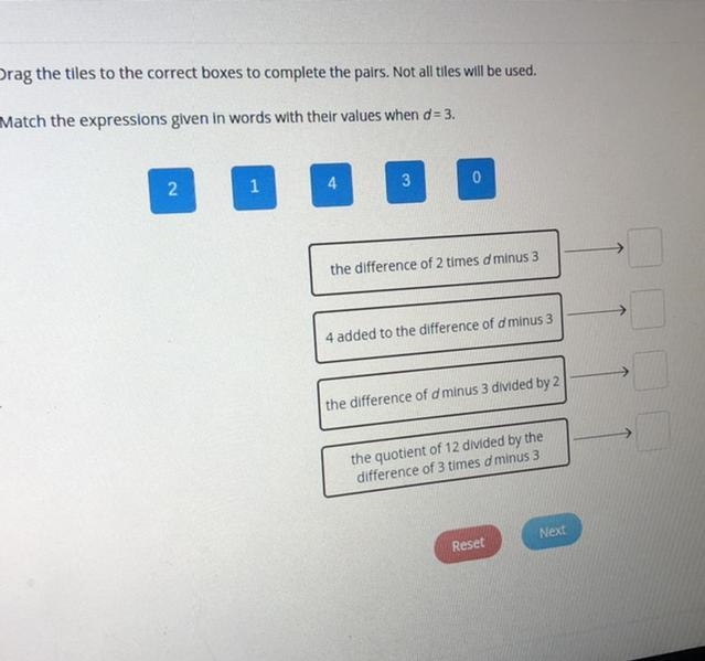 Match the expressions given in words with their values when d= 3.-example-1