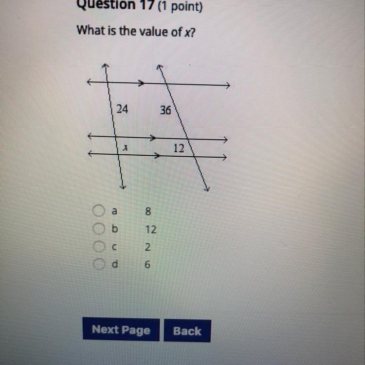 What is the value of x? 24 36 1 12 а 8 b 12 C 2 d 6.-example-1