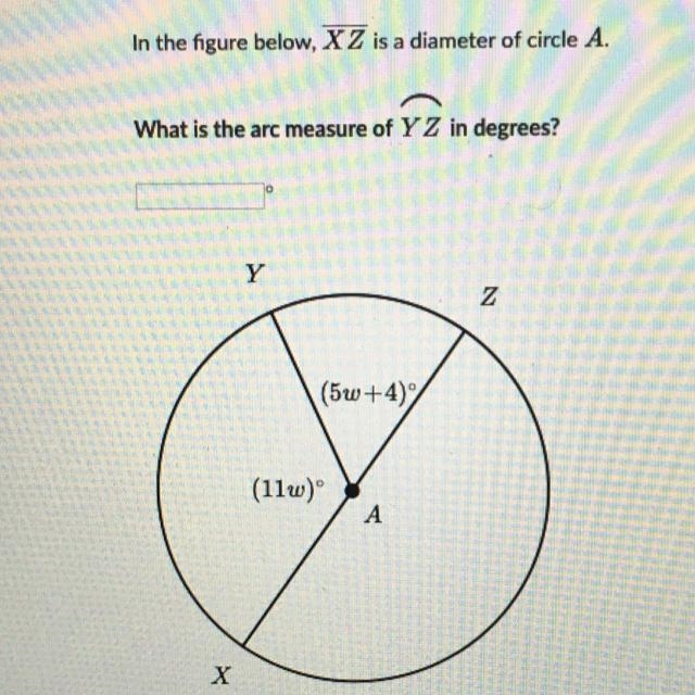 In the figure below, XZ is a diameter of circle A what is the arc measure of YZ in-example-1