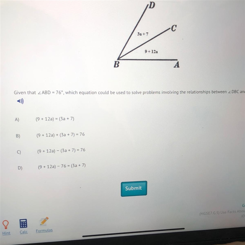 Given that ABD = 76°, which equation could be used to solve problems involving the-example-1