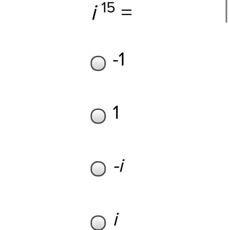 I^15 = (i feel dumb for not knowing but i hate the i stuff, please solve)-example-1