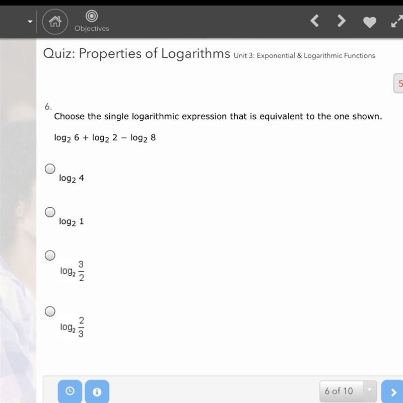 Choose the single logarithmic expression that is equivalent to the one shown. log-example-1