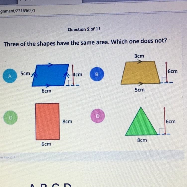 Three of the shapes have the same area. Which one does not?-example-1