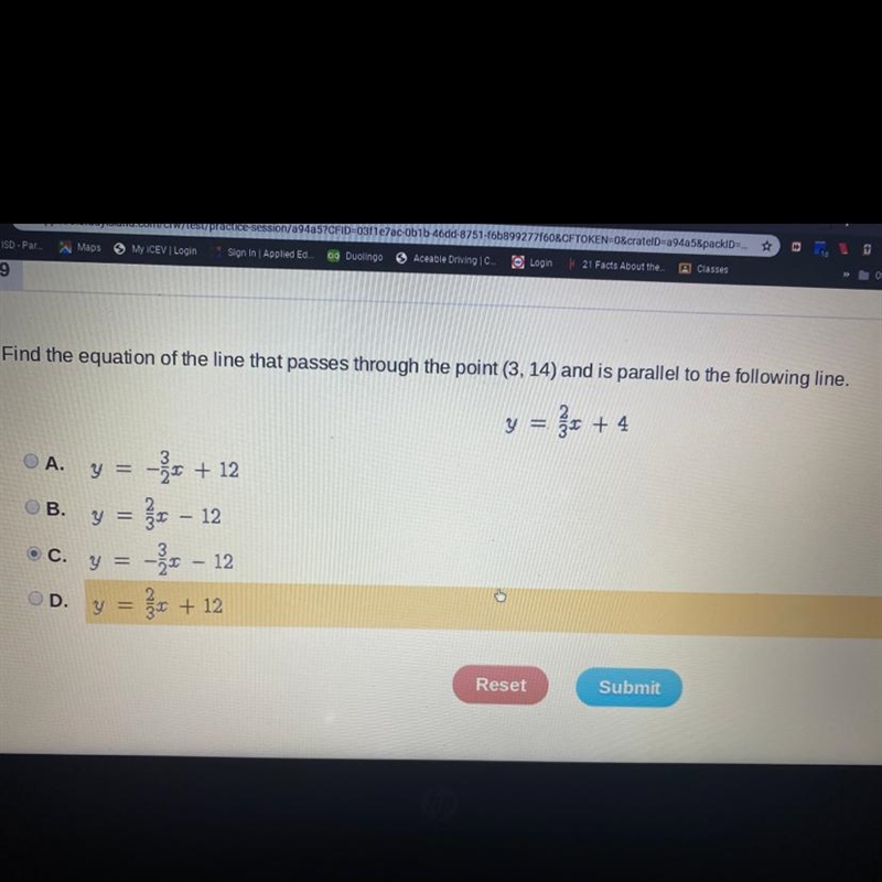 Find the equation of the line that passes through the point (3,14) and is parallel-example-1