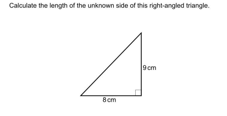 Calculate the length of the unknown side of this right angled triangle-example-1