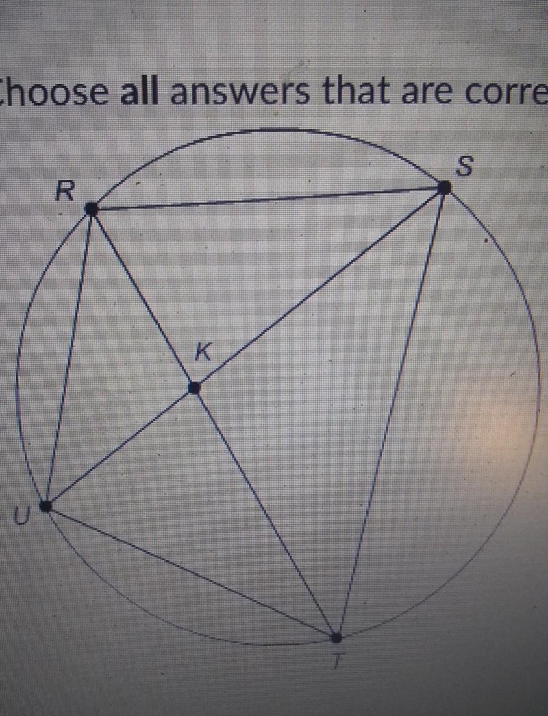 Which inscribed angles intercept arc RU? Choose all answers that are correct. &lt-example-1