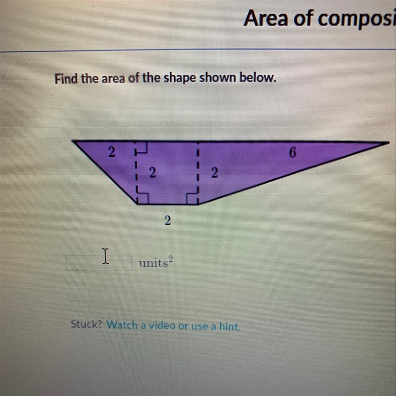 Find the area of the shape shown below.-example-1