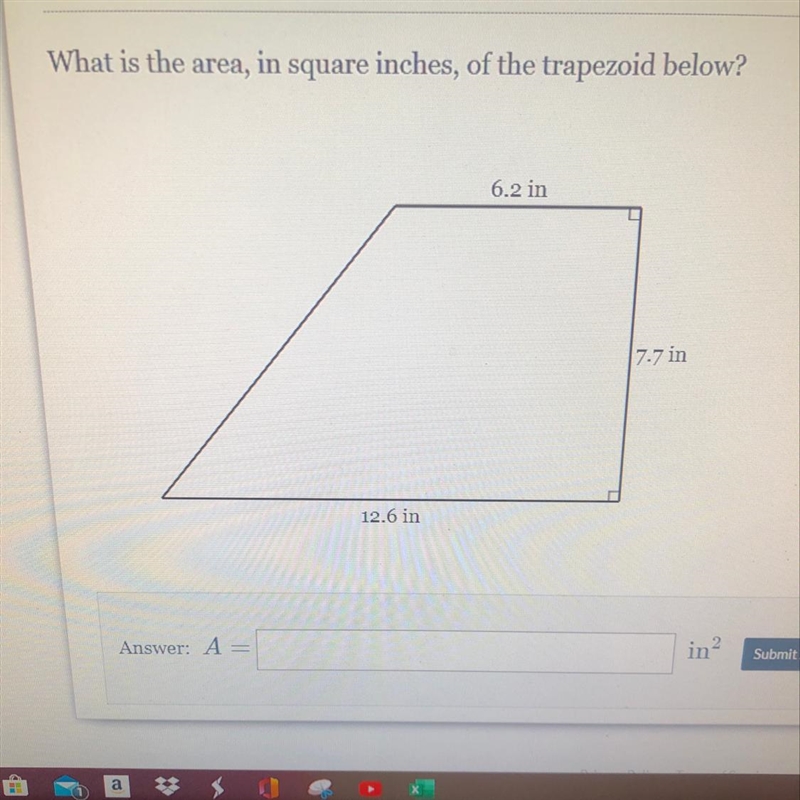 What is the area, in square inches, of the trapezoid below? 6.2 in 17.7 in 12.6 in-example-1