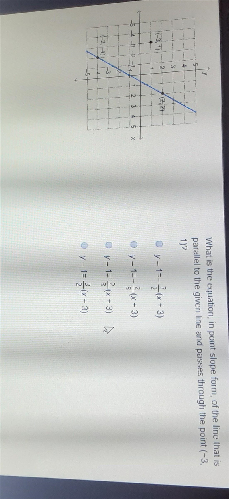 What is the equation, in point-slope form, of the line that is parallel to the given-example-1