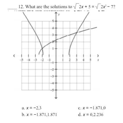 What are the solutions to the equation in the picture a. x = −2,3 b. x = −1.871, 1.871 c-example-1