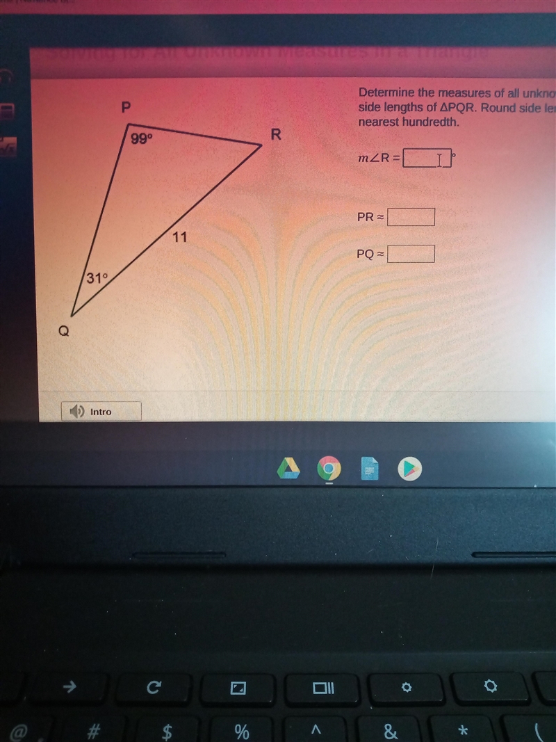 Determine the measurements of all unknown angles and side lengths of triangle PQR-example-1