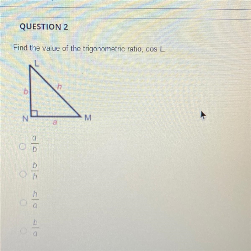 Find the value of the trigonometric ratio, cos L.-example-1