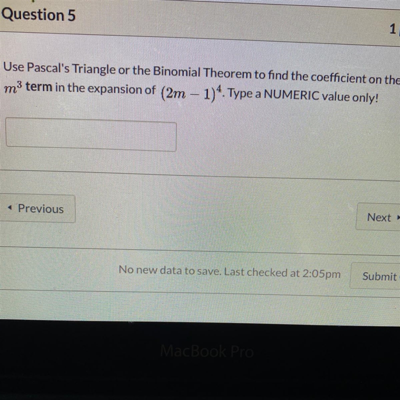 use pascal’s triangle or the binomial theorem to find the coefficient on the m3 term-example-1