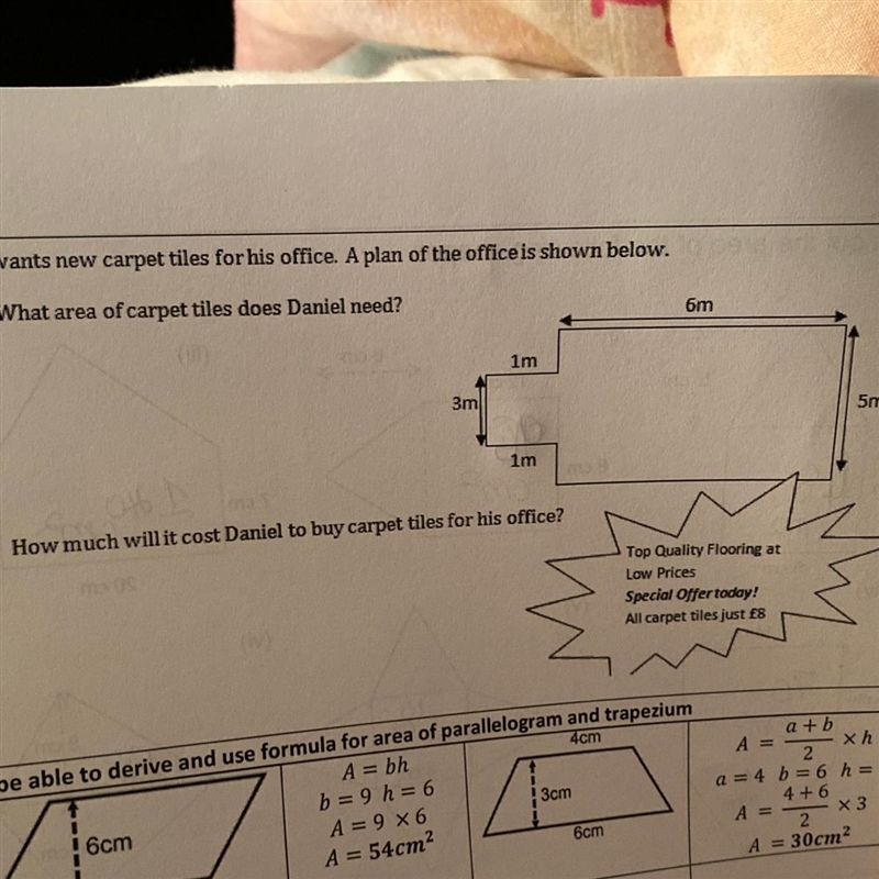 Easy maths , what area of carpet tiles does he need explain to me please :) 40 points-example-1