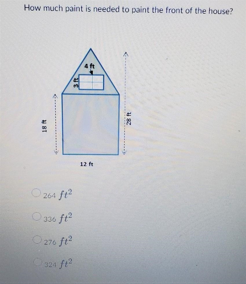 Question 2 (1 point) How much paint is needed to paint the front of the house? 28 ft-example-1