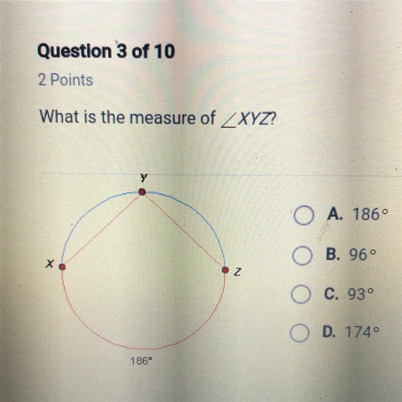 What is the measure of XYZ? A. 186 B. 96 c. 93 D. 174-example-1