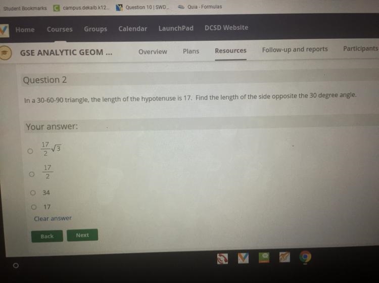 In a 30-60-90 triangle, the length of the hypotenuse is 17. Find the length of the-example-1