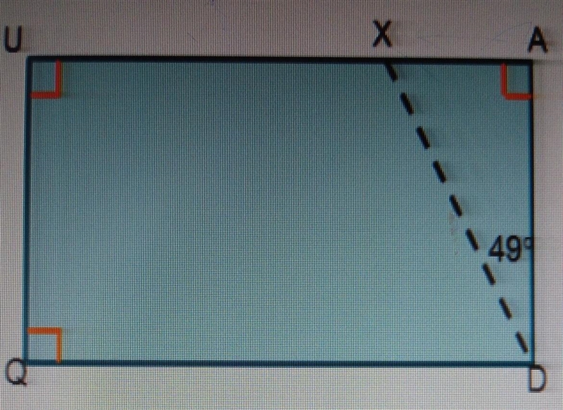 A segment XD is drawn in rectangle QUAD as shown below. What are the measures of &lt-example-1