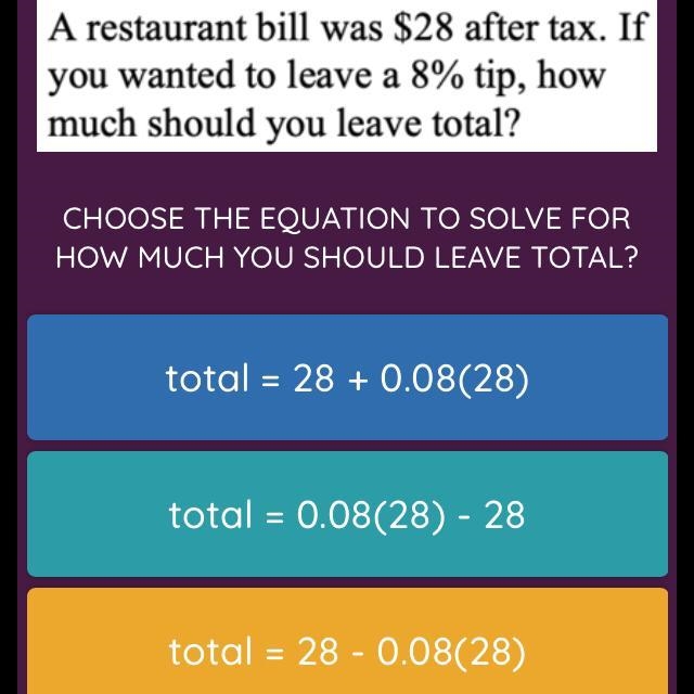 The restaurant bill was $28 after tax. If you wanted to leave a 8% tip, how much should-example-1