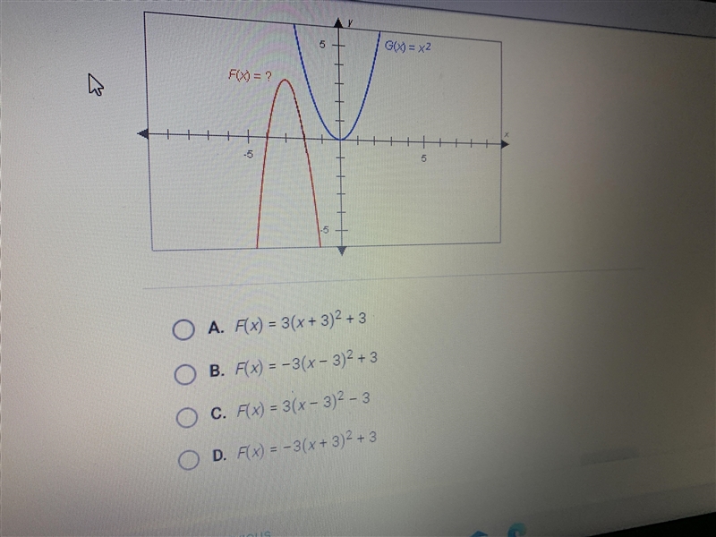 The graph of F(x) , shown below, resembles the graph of G(x) = x ^ 2 it has been changed-example-1