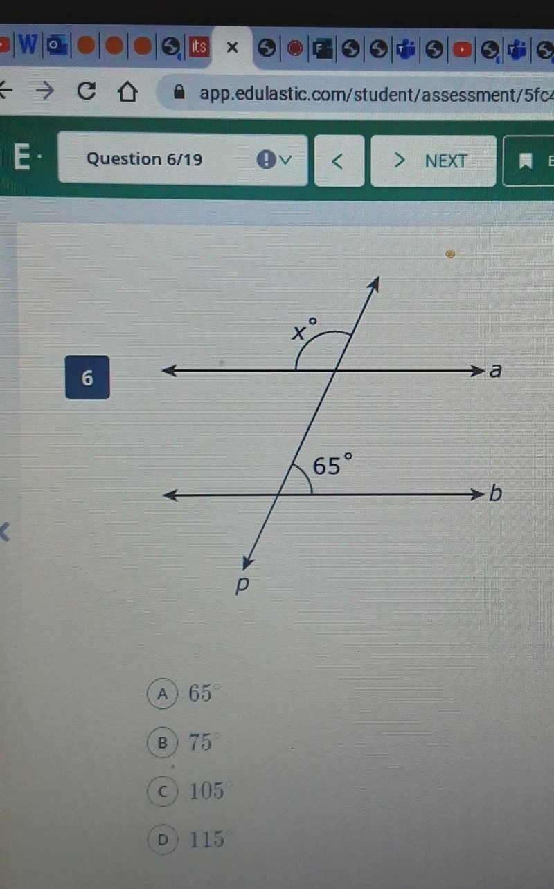 Two parallel lines, a and b, are cut by transversal p. What is the measure of triangle-example-1