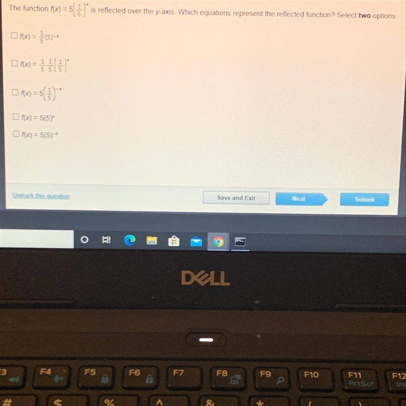 The function f(x) = 5 * (1/5) ^ x reflected over the yaxis. Which equations represent-example-1