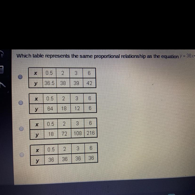 Which table represents the same proportional relationship as the equation y=36x?-example-1