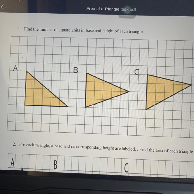 Find the number of square units in base and height for each triangle.-example-1