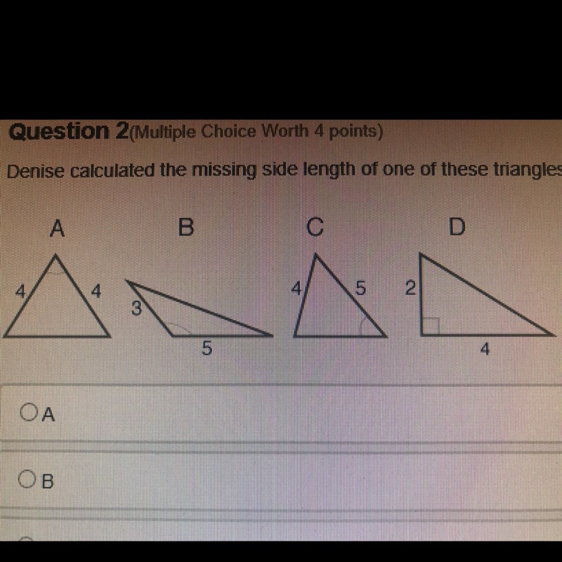 Denise calculated the missing side length of one of these triangles using the Pythagorean-example-1