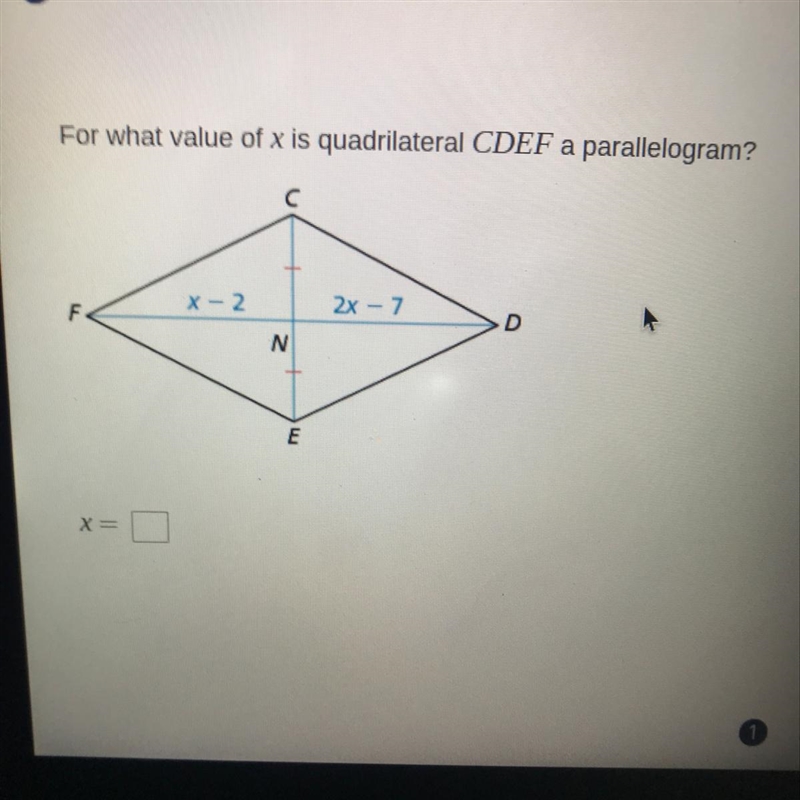 For what value of x is quadrilateral CDEF a parallelogram? x=? (TEST)-example-1