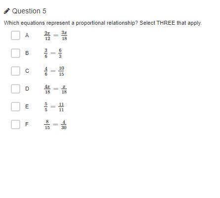 Which equations represent a proportional relationship? Select THREE that apply.-example-1