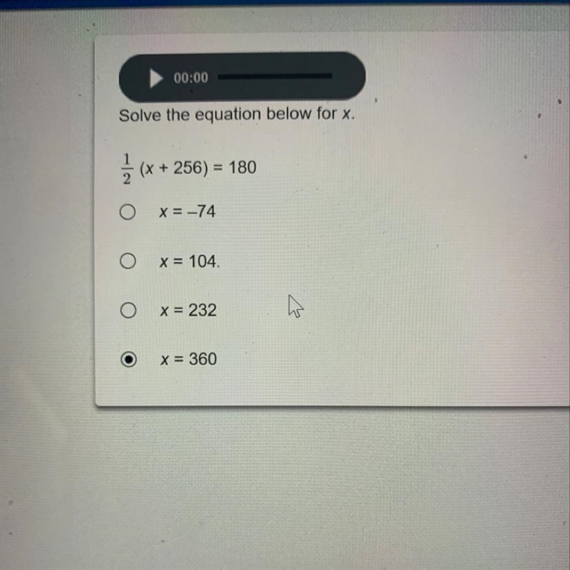 Dolce the equation below for x 1/2(x+256)=180? I need help-example-1