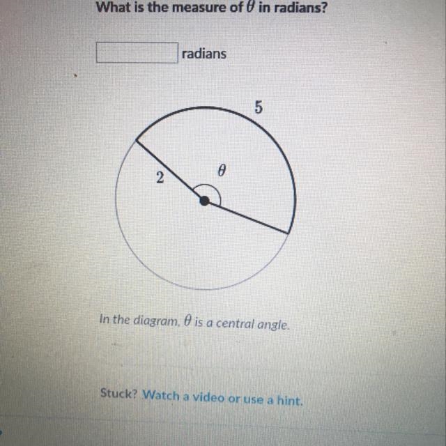 What is the measure of 0 in radians? In the diagram 0 is a central angle.-example-1