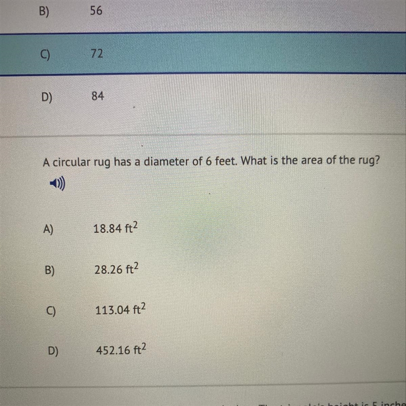 A circular rug has a diameter of 6 feet. What is the area of the rug?-example-1