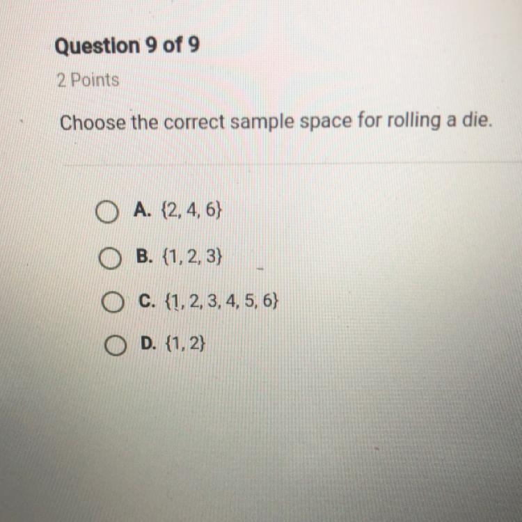 Choose the correct sample space for rolling a die. Helppp quick-example-1