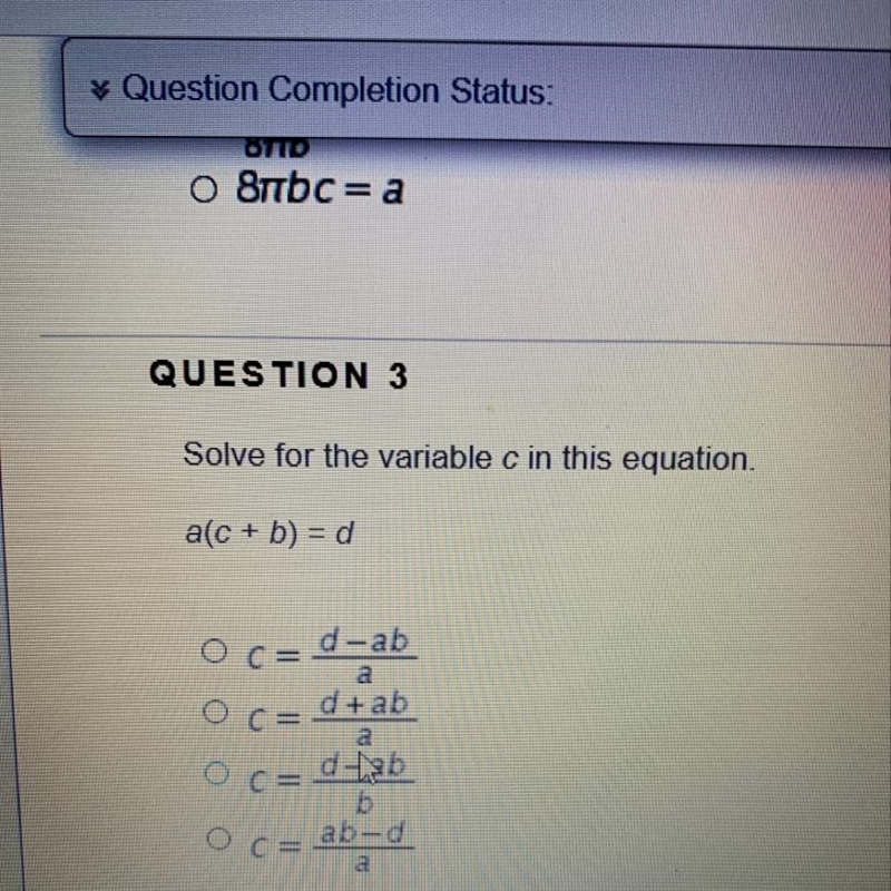 Solve for the variable c in this equation. a(c + b) = d-example-1