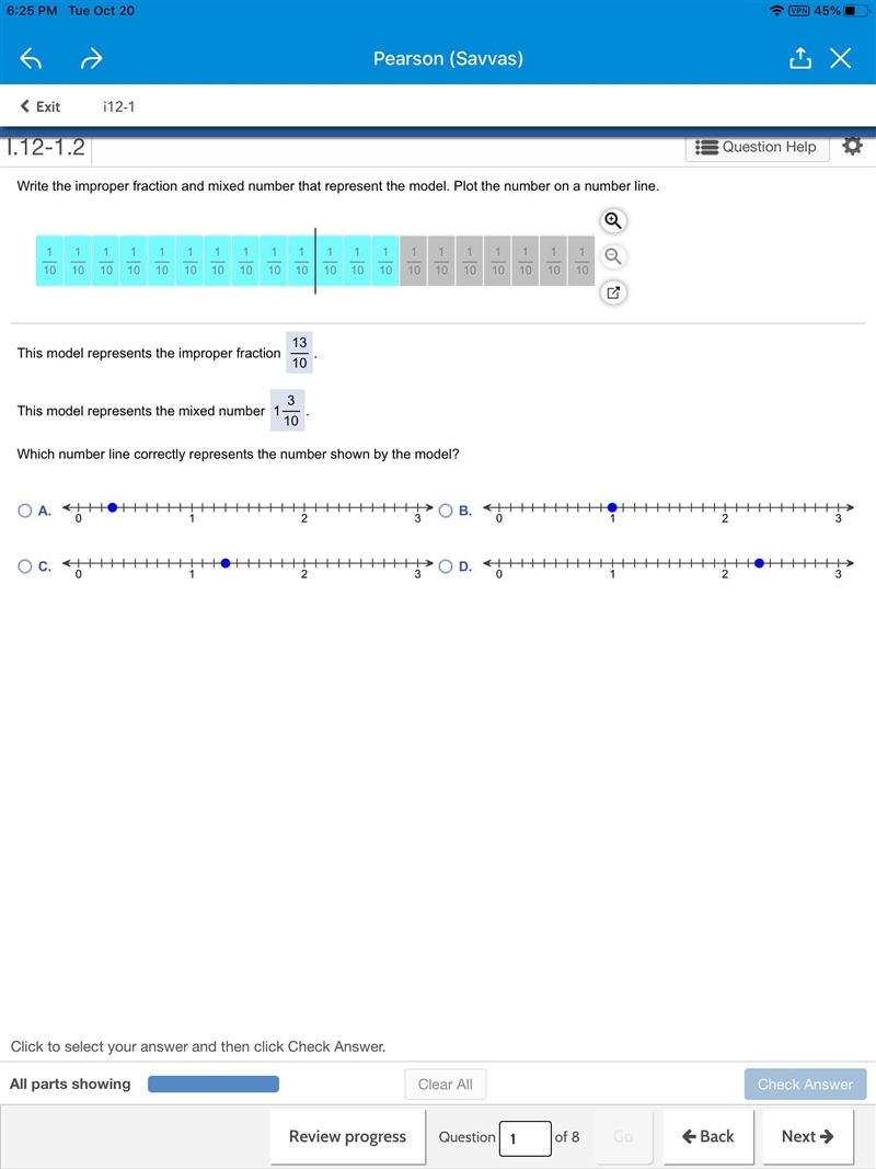 What is 1 3/10 shown on the number line?-example-1