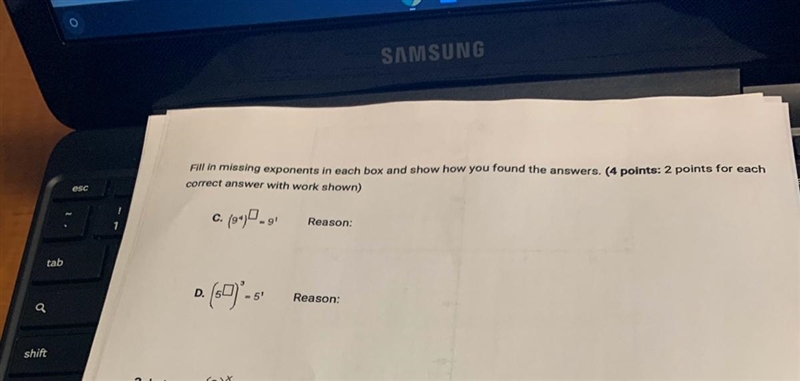 PLEASE HELP!!!!10 POINTS Fill in the missing exponents in the box and show how you-example-1