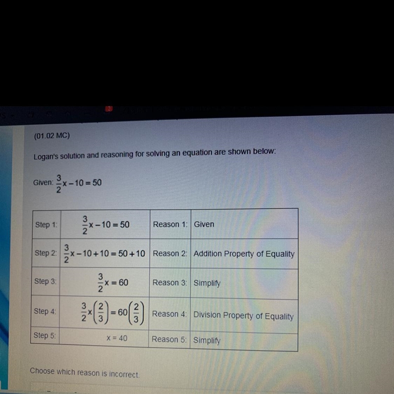 PLEASE HELPP!!! Step 1: (-10 = 50 Reason 1: Given Step 2: 2x-10+10 = 50+10 Reason-example-1