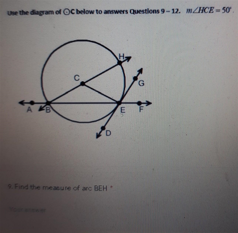 Answer and get 50 points 1.find the measure of arc BEH 2.dind the measure of arc HE-example-1