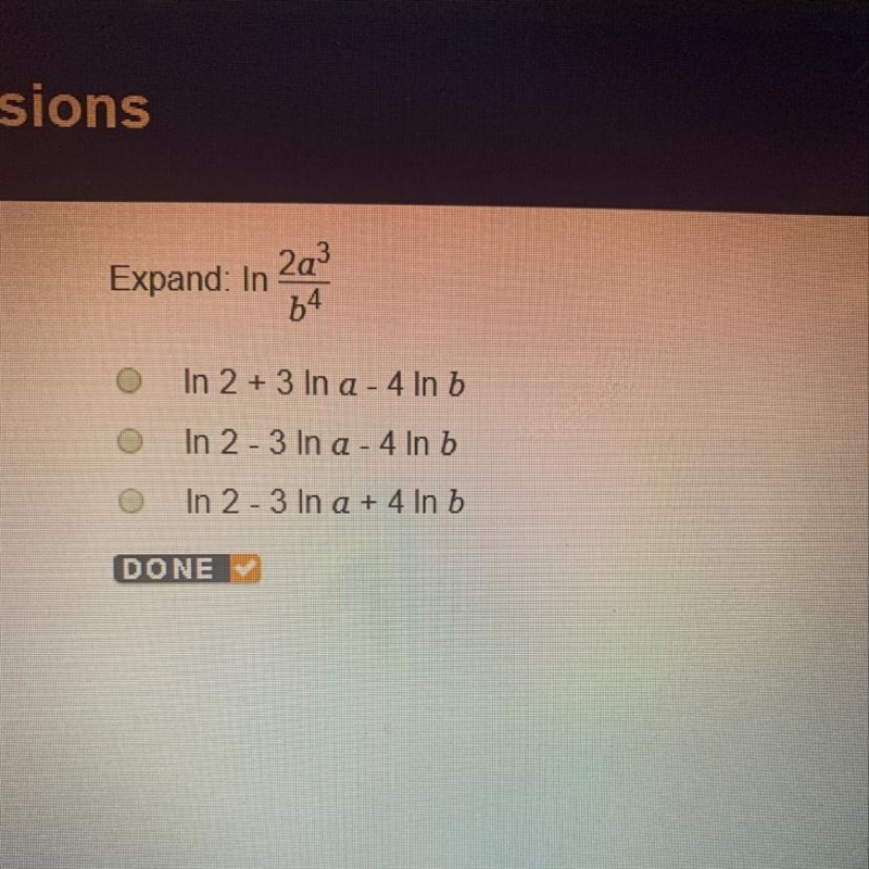 Expand: In 2a3/b4 In 2 + 3 In a - 4 In b In 2 - 3 In a - 4 In b In 2-3 In a + 4 In-example-1