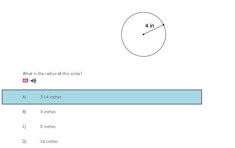 20 POINTS What is the radius of this circle? A) 3.14 inches B) 4 inches C) 8 inches-example-1