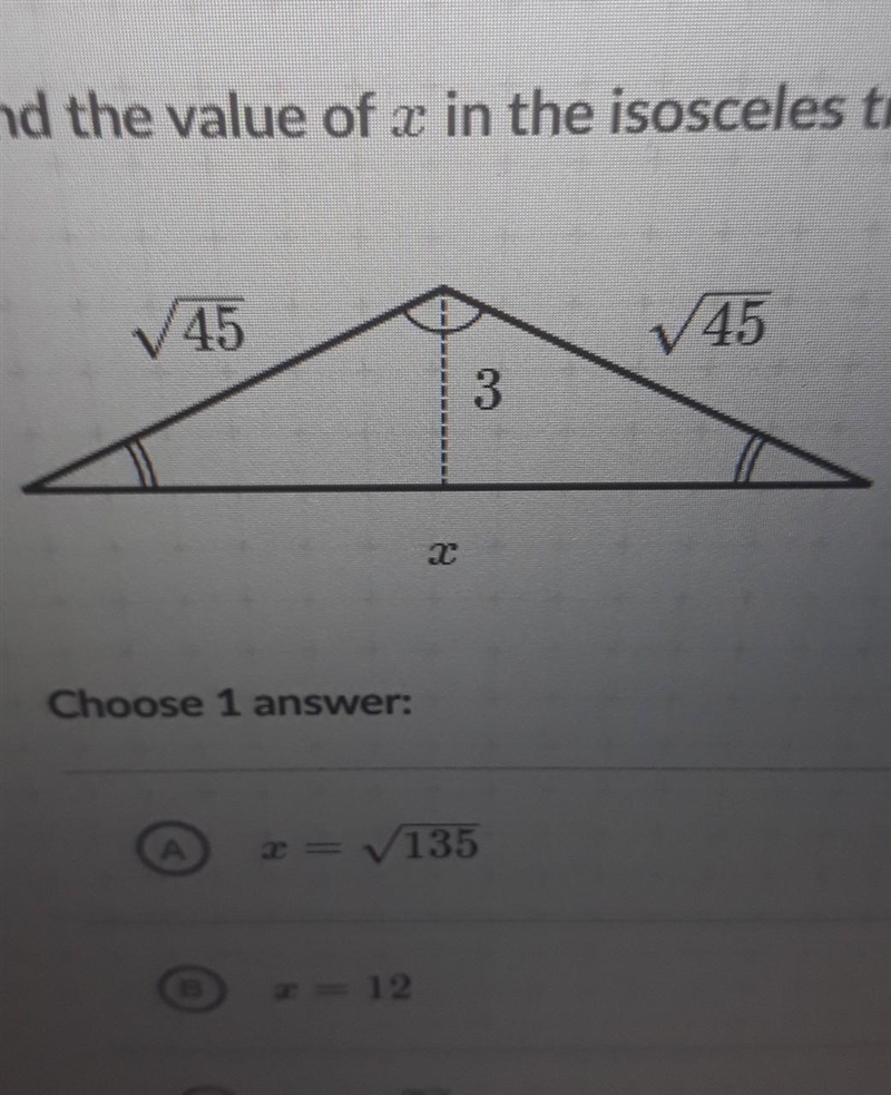 Find the value of x in the isosceles triangle shown ​-example-1