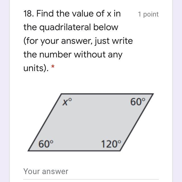 Find the value of x in the quadrilateral below.-example-1