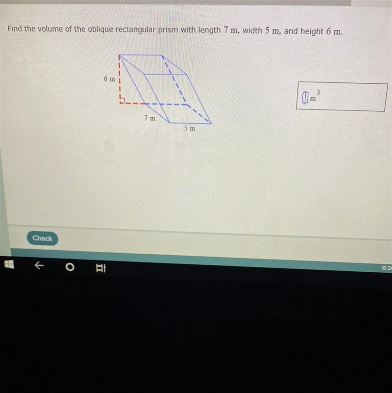 Find the volume of the oblique rectangular prism with length 7 m, width 5 m, and height-example-1