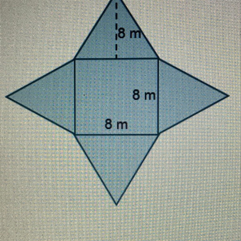 Each of the triangular faces has an area of 32 m2. What is the surface area of the-example-1