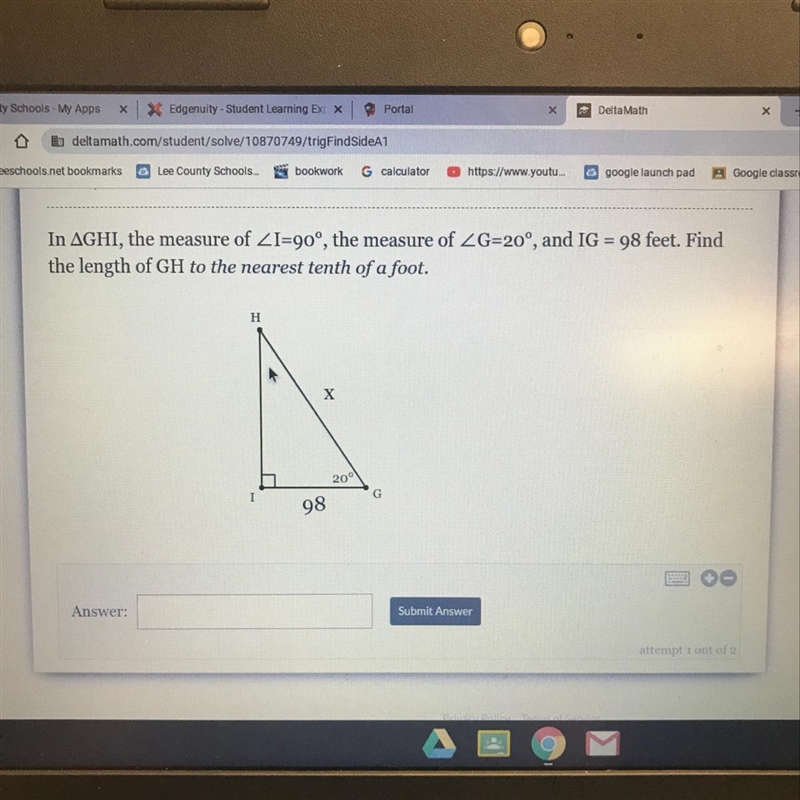 In AGHI, the measure of ZI=90', the measure of ZG-20', and IG = 98 feet. Find the-example-1