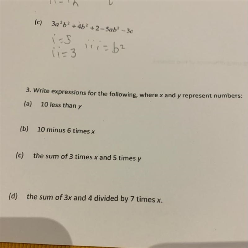 3. Write expressions for the following, where x and y represent numbe (a) 10 less-example-1