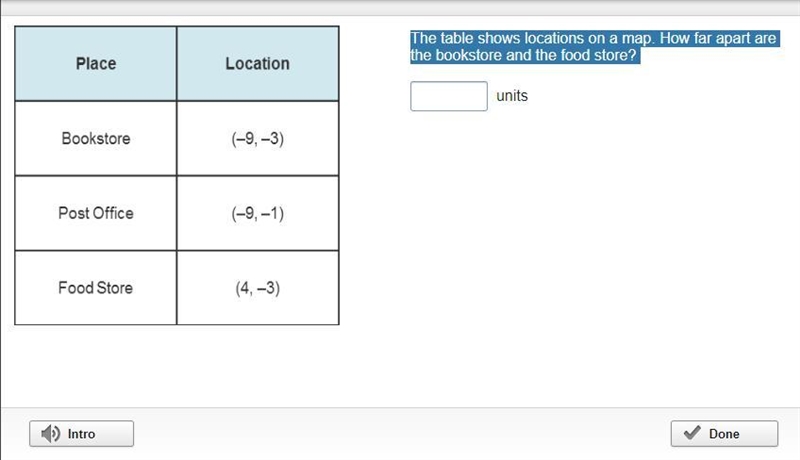 The table shows locations on a map. How far apart are the bookstore and the food store-example-1